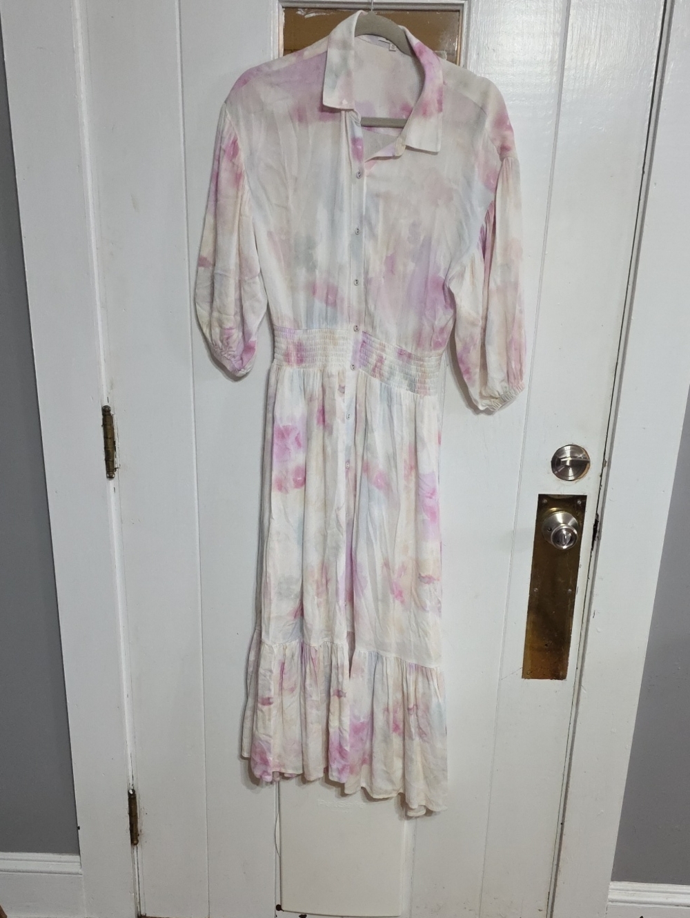 Z Supply Women's Tiered Maxi Dress Tie- Dye White Purple Pink Smocked Elastic XS
